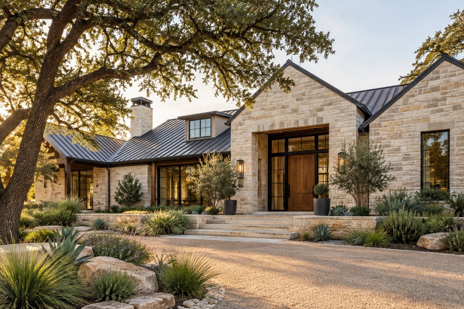 Concept photo of a limestone Texas home with a metal roof and landscaped entry