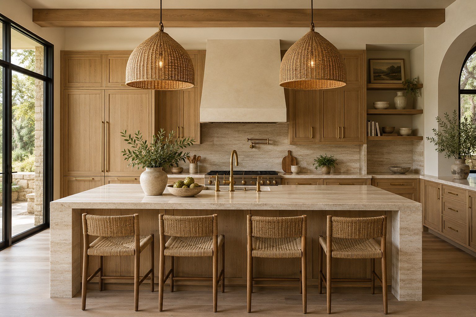 Concept photo of a warm oak kitchen with a stone island and brass fixtures